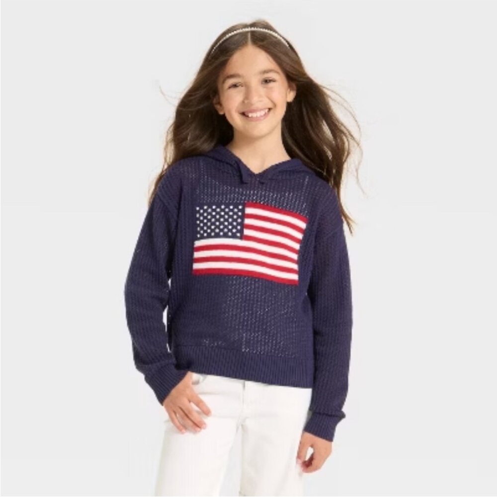 Cat & Jack Patriotic Navy Hooded Sweater with Flag Design NWT